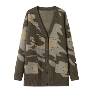 ANDREA MARTIN秋冬新款复古迷彩V领针织开衫宽松女羊毛毛衣