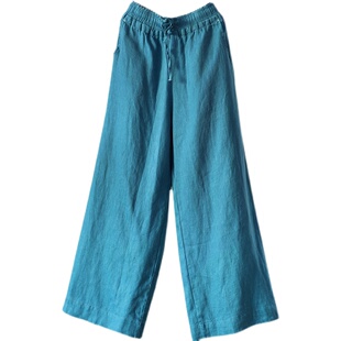 文艺素雅纯色棉麻裤子长裤女早秋宽松复古直筒型100%亚麻阔腿裤