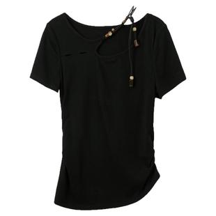 ibudu2025夏季新款新中式T恤正肩短袖盘带串珠上衣女