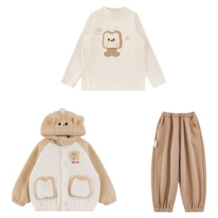 幼悠男童冬季套装玩偶印花打底衫吐司面包造型毛绒外套加绒休闲裤