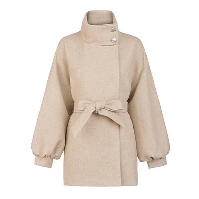 sdeer立领收腰灯笼袖短款呢大衣