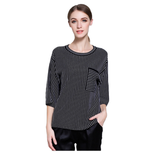 优媛昊艺真丝五分袖针织套衫桑蚕丝宽松黑白竖条纹显瘦圆领上衣女