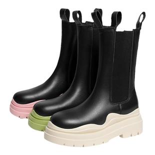 红蜻蜓切尔西靴女鞋冬季新款超酷松紧带口烟筒靴撞色甜美中筒靴女