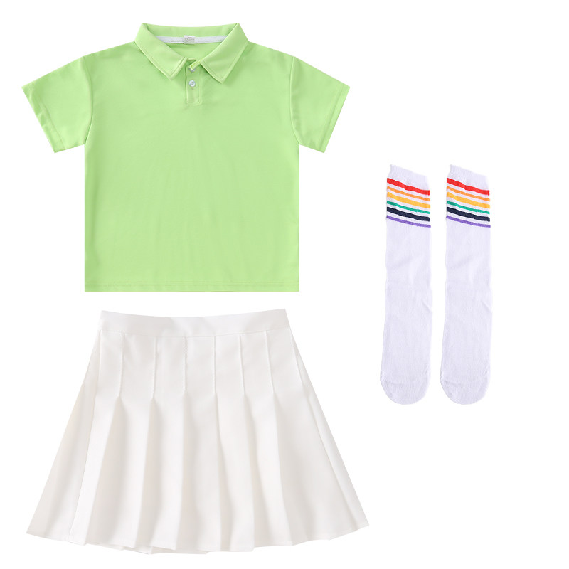 儿童啦啦队演出服多巴胺糖果色中小学生短袖polo衫百褶裙表演服装