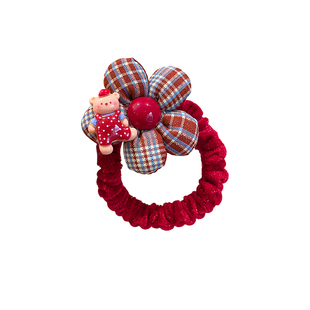 红色皮筋格纹花朵发圈儿童可爱丸子头马尾发绳女童新年头绳不伤发