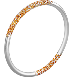 老银匠s999足银唐草纹描金手镯复古法闭口新中式国潮实心纯银镯子