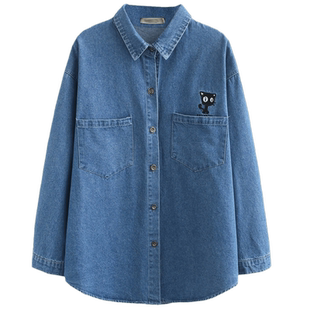大码女装2026年新款春款牛仔衬衫外套女胖妹宽松卡通小猫刺绣衬衣