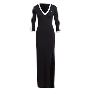 阿迪达斯三叶草女子深V领刺绣标修身侧开叉连衣裙黑色长裙IK0439