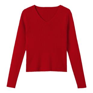 v领短款毛衣女高腰秋季新款女装 修身针织衫小个子上衣内搭打底衫