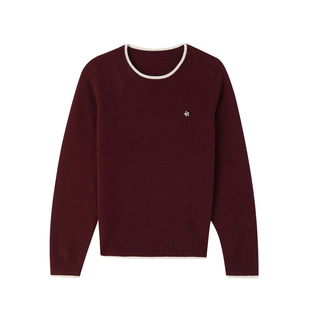 春竹2025秋冬新款100%山羊绒圆领合体领圈下摆撞色长袖女士羊绒衫