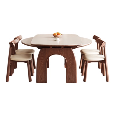 中古风实木岩板餐桌可变圆桌