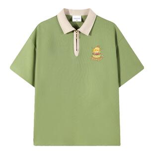 Guozii牛油果绿翻领polo衫短袖t恤女小众设计感情侣款带领上衣夏