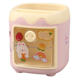 六品堂猪猪笔筒可爱卡通文具收纳盒ins小学生宿舍桌面收纳筒高颜值收纳罐办公室书桌桶多功能化妆刷儿童双层