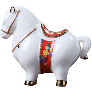 东方泥土 陶瓷马摆件工艺品 办公室工位桌面唐马装饰品小精致红色