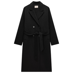 【季末折扣】欧时力 羊毛双面呢大衣长款外套配腰带翻领保暖秋冬