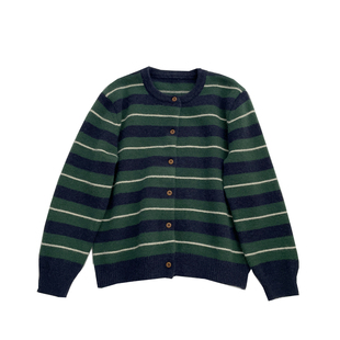 复古显白绿色条纹针织开衫女！秋冬韩系软糯百搭圆领毛衣外套上衣