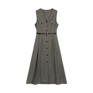 LILY2025冬新款女装格雷系复古无袖收腰V领气质通勤马甲式连衣裙