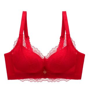 秋冬大红色蕾丝内衣女小胸聚拢上托薄款蕾丝收副乳无钢圈中厚文胸