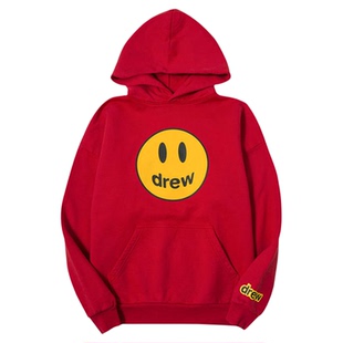 drew house mascot笑脸图案宽松连帽卫衣红色纯棉连帽衫男女同款