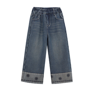 PISELLI史豌豆女童2025冬季新款加绒牛仔裤中大童拼接刺绣直筒裤