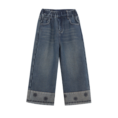 加绒拼接刺绣牛仔直筒裤