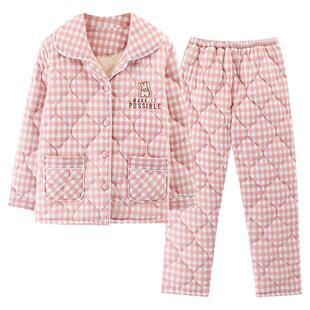 浪莎冬季睡衣女纯棉三层夹棉长袖长裤保暖加厚休闲格子家居服套装