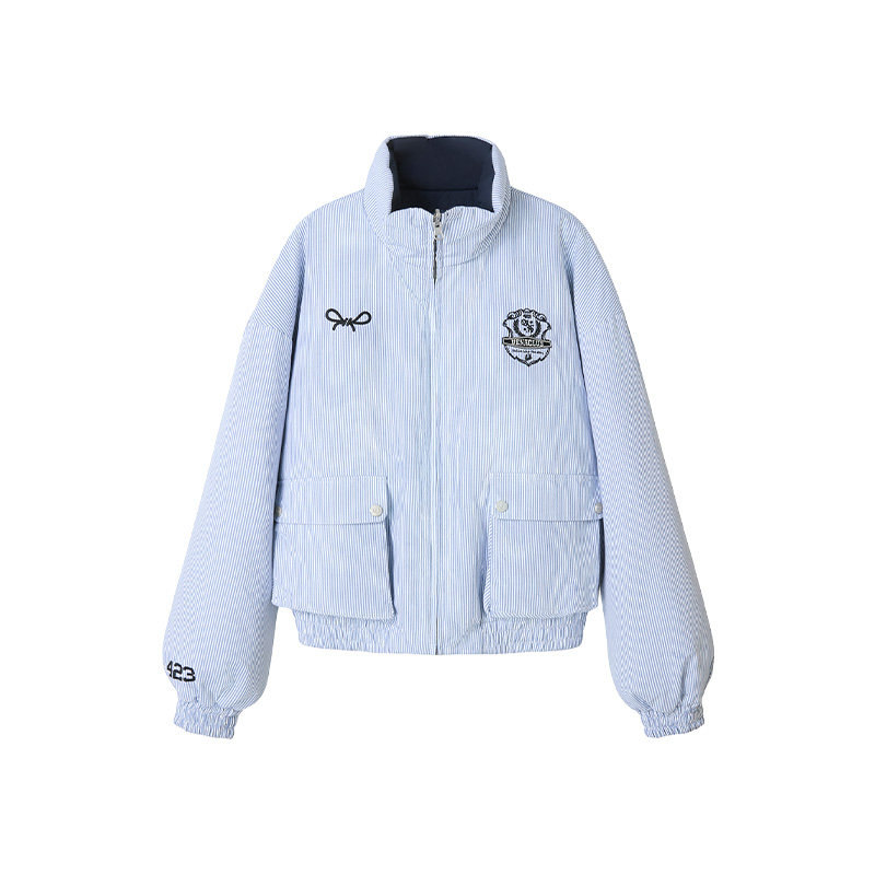 【雪与未完诗】Uena明星同款撞色刺绣双面穿落肩袖立领棉服外套女