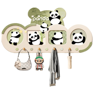 卡通熊猫入户门口挂衣架门后挂钩置物架玄关收纳钥匙多功能洞洞板