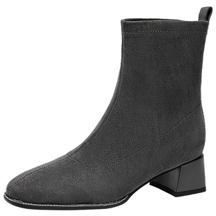 千百度粗中跟弹力袜靴女2025冬季新款瘦瘦靴时尚钻饰短靴子时装靴