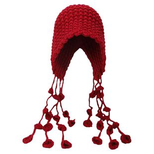 时尚手工编织流苏球球毛线帽子女保暖护耳绑带针织帽大头围套头帽