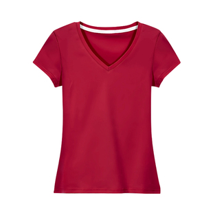 酒红色纯棉V领短袖t恤女夏修身简约百搭薄款显瘦鸡心领体恤上衣服