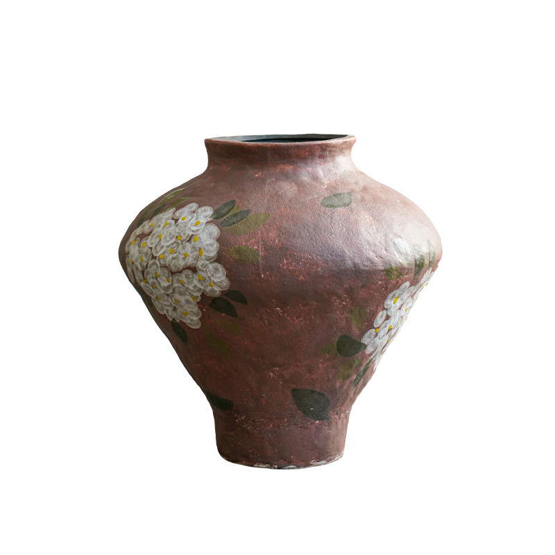 花瓶山野自然风红棕绣球手作粗陶花瓶客厅玄关插花装饰摆件陶罐