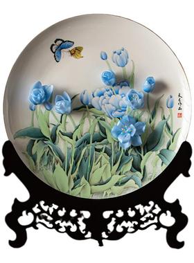 手工陶瓷手绘蓝郁金香盘客厅摆件
