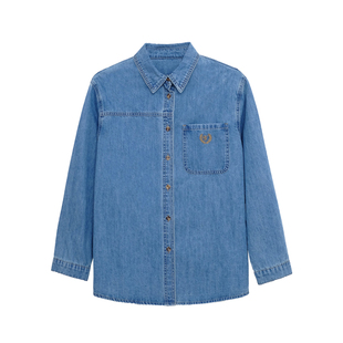 荒荒家刺绣口袋牛仔衬衫2026春秋新款经典蓝色宽松休闲衬衣外套女