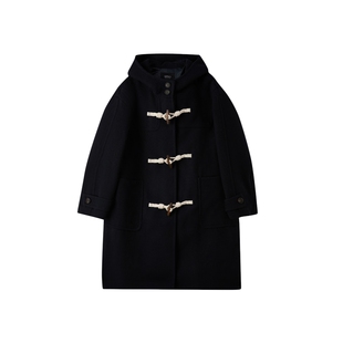 SPAO韩国同款25年冬季新品女士时尚学院风连帽大衣牛角扣毛呢外套