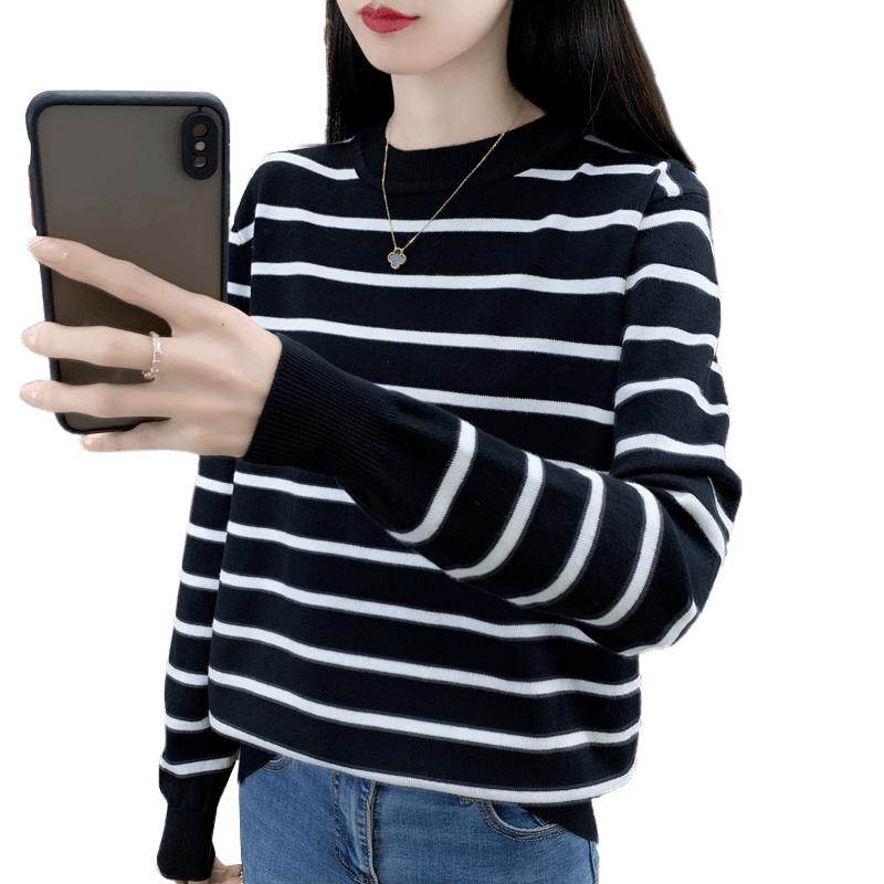 淑恋妃圆领针织条纹毛衣女打底