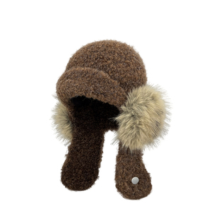 韩版ins毛绒棕色飞行帽女冬Y2K小众设计感保暖护耳毛绒冷帽雷锋帽