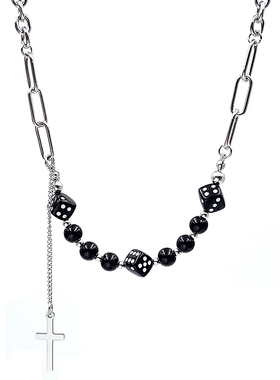 日韩风骰子十字架钛钢项链子男女