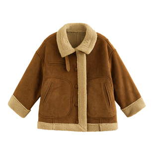 砚台家童装皮毛一体外套冬装新款宝宝衣服男童机车服儿童加厚夹克