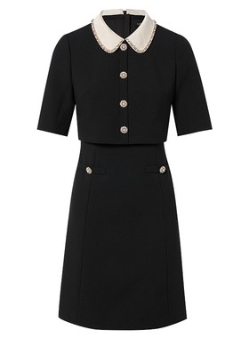 【进口三醋酸】La Koradior拉珂蒂假两件翻领礼服裙收腰连衣裙