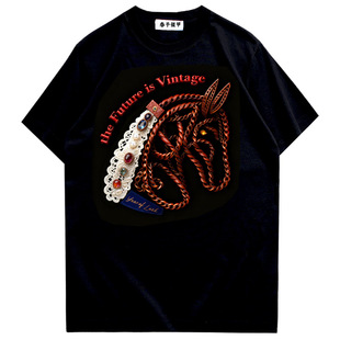 春予银甲原创超写实主义潮牌欧货马头轻奢欧美风印花女士短袖t恤