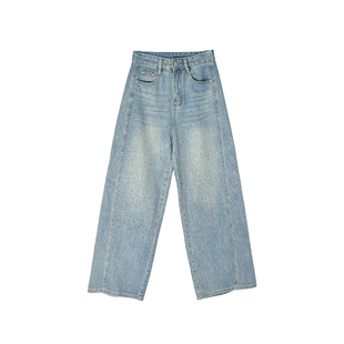 闪耀出圈！~双面带钻阔腿牛仔裤女春新款浅蓝色宽松显瘦弯刀长裤