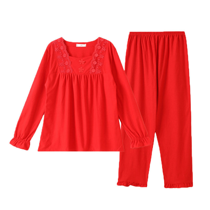 睡衣女士秋冬季纯棉长袖加厚家居服大红色月子服中老年人妈妈套装
