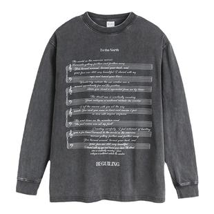 万有引力博物馆 音符印花长袖T恤女秋季2025年新款宽松百搭上衣