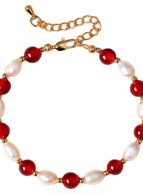 小红书热销天然红玛瑙淡水珍珠串珠叠戴手链女时尚通勤红玛瑙手串