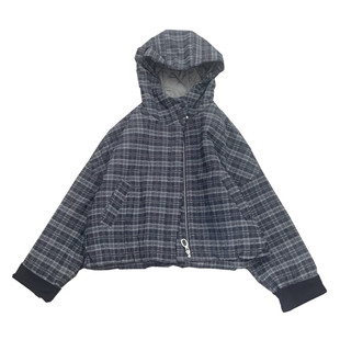 冬季新款女连帽格子拉链宽松休闲短款棉服夹棉外套保暖厚款棉衣女