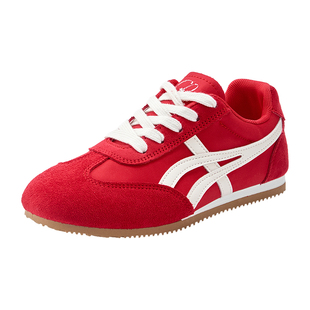 拉夏贝尔复古红色内增高德训鞋女2026新款春季平底运动休闲阿甘鞋