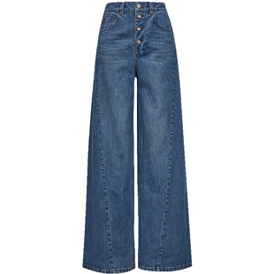 ONLY2025冬季新款四粒扣做旧约克线剪裁高腰宽松阔腿牛仔裤女