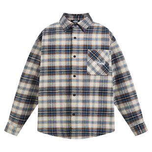 404MOB潮流刺绣磨毛翻领格子长袖衬衫男美式复古春秋百搭上衣外套