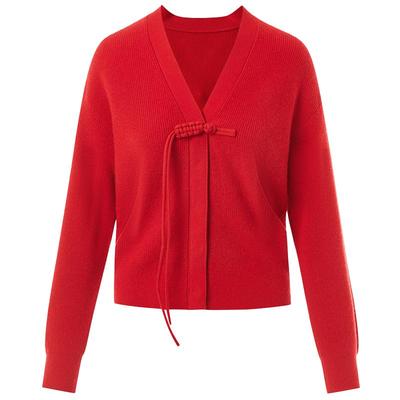 LANCY/朗姿2025年春新款新中式大红色针织开衫V领羊毛羊绒上衣女